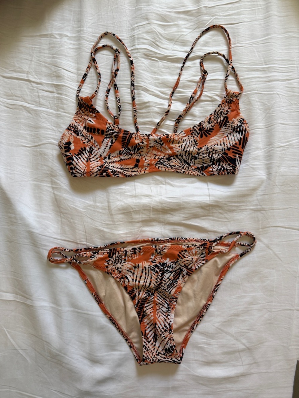 Volcom Orange Tropical Leaf Print Strappy Bikini
